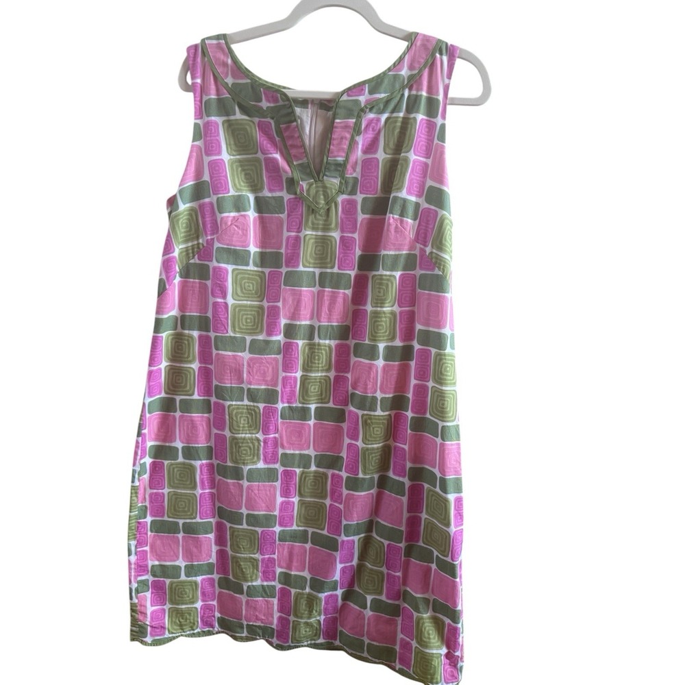 Talbots Retro Pink Green Geometric Cotton Sleeveless Dress Size 14 1960's - Picture 1 of 12